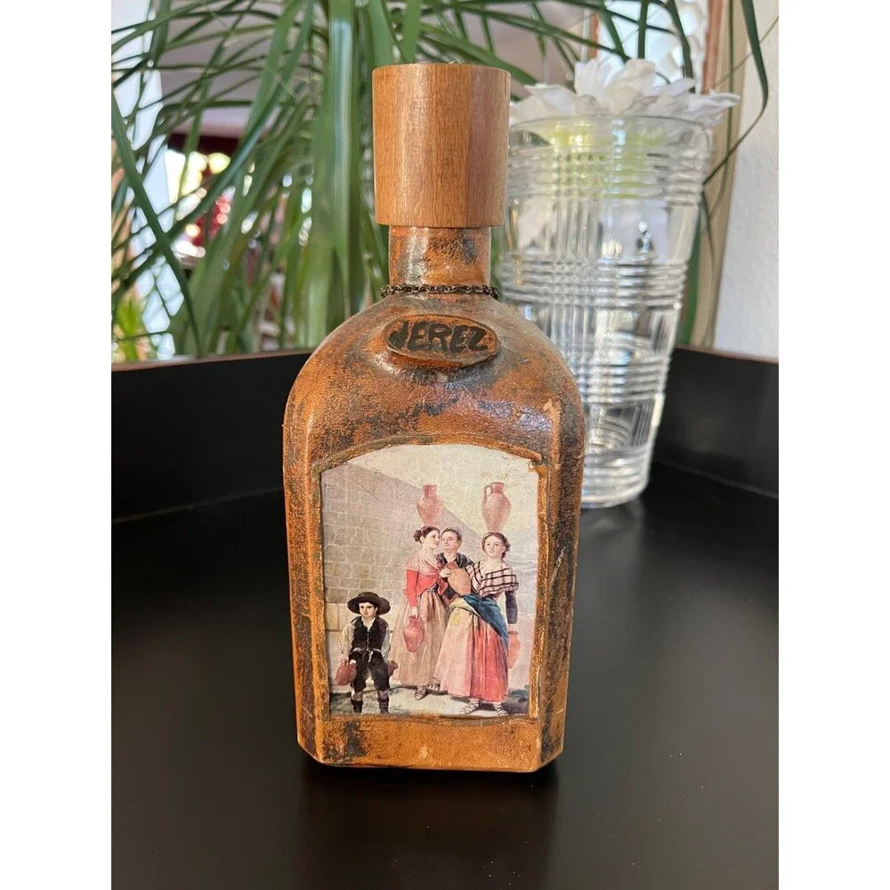 LEATHER JEREZ Brandy Decanter Bottle Wood Stopper Cointreau Wine Liquor VINTAGE